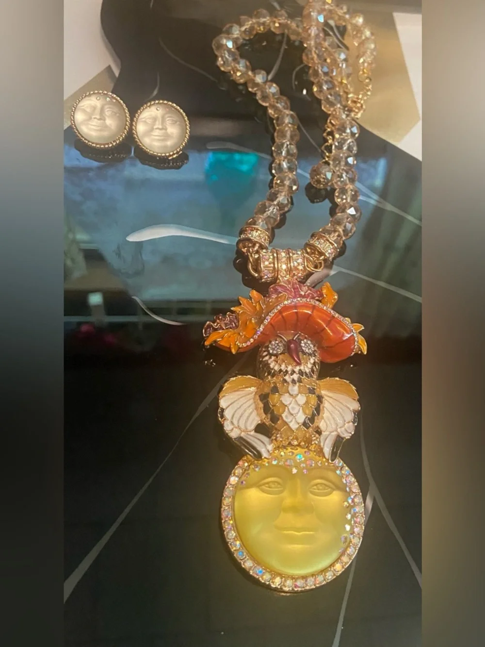 Kirks Folly Moon & Owl Magnetic Pendant/Necklace & Moon Earrings #81